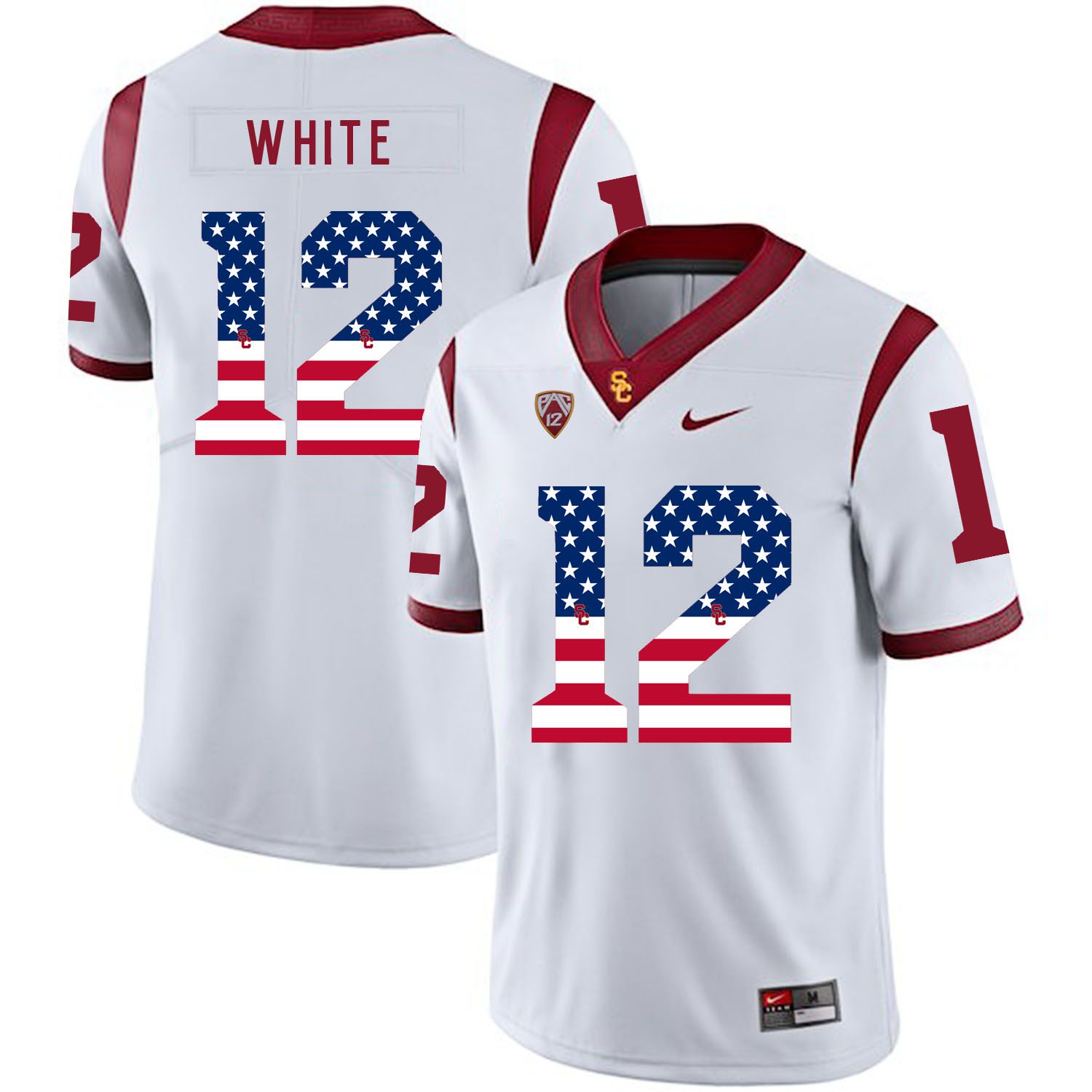 Men USC Trojans #12 White White Flag Customized NCAA Jerseys